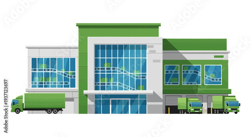 Modern Logistics Distribution Center with Automated Conveyor Belts and Delivery Trucks. Supply Chain, E-commerce & Global Shipping Illustration