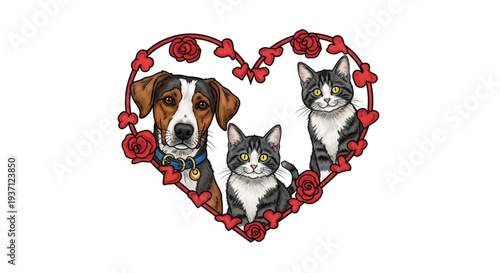 Heartfelt pet portrait of dog and two cats with roses and hearts