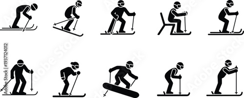 Skiing and snowboarding silhouettes, winter sports activity icons, athletes with helmets and goggles, downhill adventure illustration, alpine recreation, cold season design
