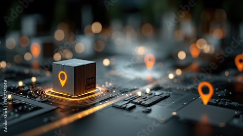Abstract 3D visualization of digital parcel with glowing augmented reality tracking icons and 3D route lines representing secure logistics and immersive consumer delivery experience technology 
