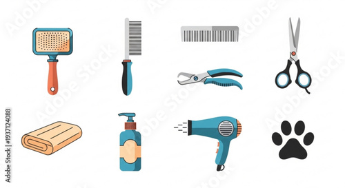 Pet grooming tools and accessories for dog care including brushes combs scissors nail clippers towels shampoo and a hair dryer
