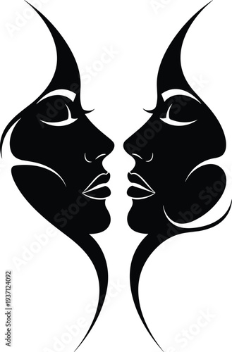 Abstract mirrored female faces silhouette forming symmetrical kiss concept minimal black vector illustration for beauty identity duality love design artwork