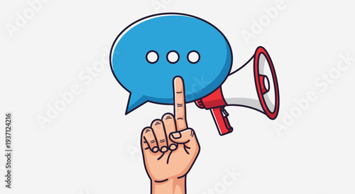 Hand holding speech bubble and megaphone announcement.