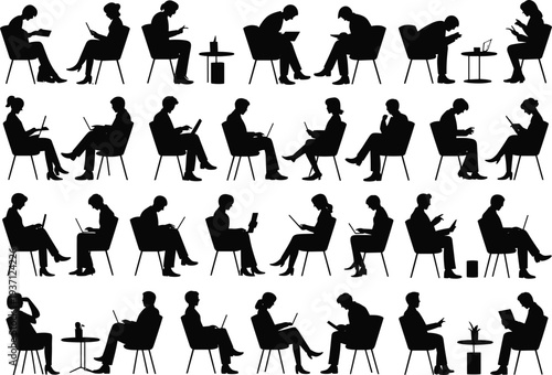 Silhouettes of people sitting in chairs, reading, writing, thinking, using devices, modern lifestyle, office posture, ergonomic design, activity