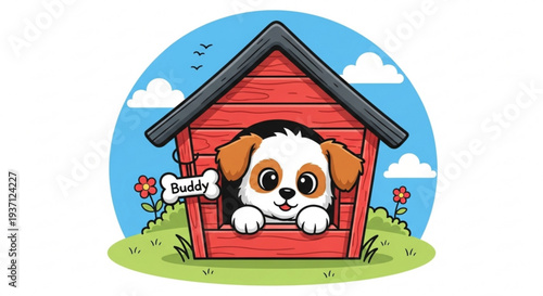 Cute dog peeking out of red doghouse on green grass with flowers and blue sky background