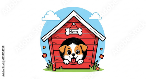 Cute dog peeking out of red doghouse with bone sign on roof under blue sky with clouds