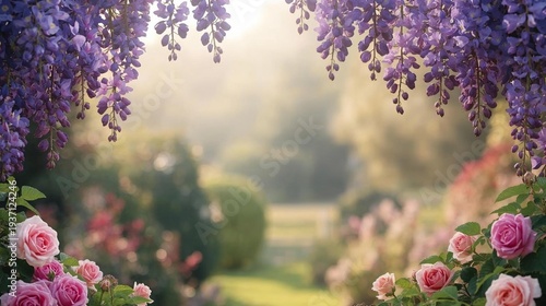 Purple Wisteria and Pink Roses Garden Frame. Regency Era Botanical Background with Soft Sunlight and Blooming Flowers