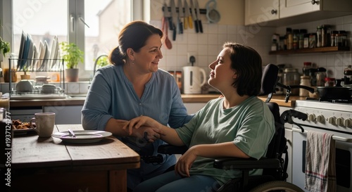 Disabled woman resting in wheelchair at home while relative helps with household needs. Concept of kindness, accessibility, and equal opportunities for people living with disability.