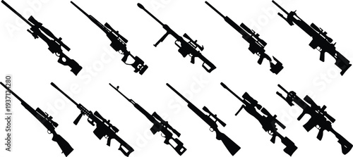 Sniper rifle silhouettes collection, firearm weapon icons, military gun illustration, tactical shooting design, hunting rifle outline, defense equipment concept