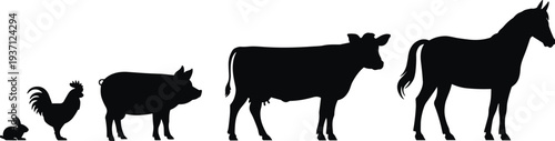 Farm animal silhouettes collection, rabbit chicken pig cow horse icons set, livestock animals vector illustration, agriculture farming animal symbol pack