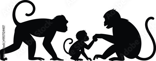 Silhouette illustration of three monkeys interacting in social bonding scene, juvenile reaching toward adult, curled tails, family connection, wildlife behavior, nature communication