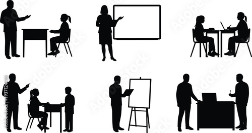 Silhouettes of people teaching, mentoring, and collaborating, professional education activities, workplace training, modern communication and teamwork illustration