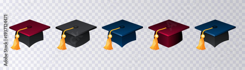 Black graduation cap collection isolated on transparent background.  Graduation hat  icons with gradient effect. School, college or  university graduation ceremony sign. Educational sticker. Vector 