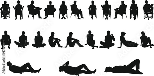 Silhouettes of people sitting, meditating, reclining, and gesturing, body language, posture, lifestyle, mindfulness, relaxation, wellness