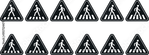 Pedestrian Crossing Warning Sign Icon Set Featuring Walking Person Symbols on Zebra Crosswalk for Road Safety, Traffic Alerts, Street Signs, and Transportation Design