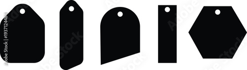 Diverse set of black price tags and labels with various shapes and holes
