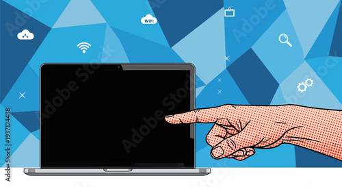 Hand pointing at a laptop screen with various icons in the background.