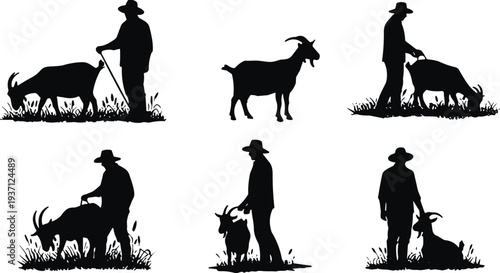 farmer and goat silhouette vector set, rural agriculture livestock farming scene, shepherd with goat illustration, countryside animal husbandry concept, isolated black farm silhouettes