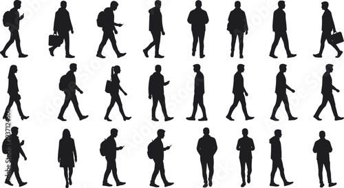 Silhouettes of people walking and standing, everyday urban activities, phone users, carrying bags, diverse commuter crowd illustration