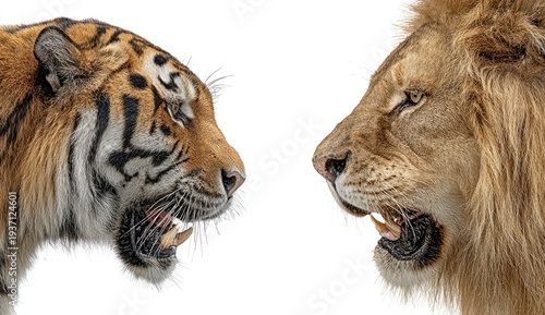Two majestic big cats, a tiger and a lion, face off in a powerful confrontation
