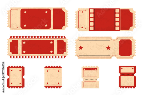 Set of vintage  ticket templates  isolated on transparent background. Retro  coupons. Decorative elements for cinema, party, event, festival.Realistic template in red, white, black colours.  Vector  