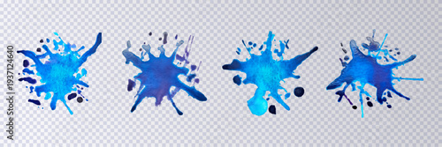 Collection of blue paint splashes isolated on transparent background. Set of blue decorative splashes.Art decorations.Paint spots.Watercolour splashes.Design elements.Vector illustration.