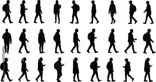 Silhouettes of people walking and standing, modern lifestyle activities, phone users, backpack carriers, everyday urban crowd illustration