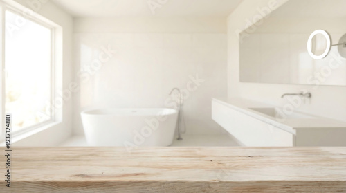 Wooden Table Top Foreground with Blurred Modern Bathroom Interior Background for Product Placement