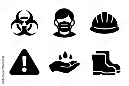 Industrial safety and protection icon collection in black. Set of biohazard sign, protective mask, safety helmet, work boots, warning and shield icons