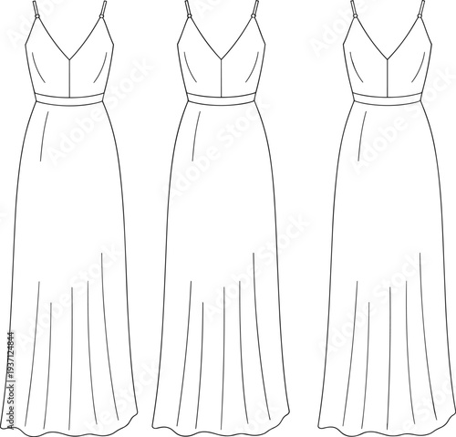 Three Long White Dresses with V- Neck and Thin Straps in a Row v-neck