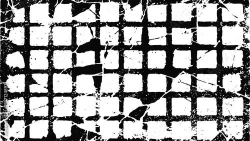 Black distressed grid texture with cracked and worn vintage grunge pattern background