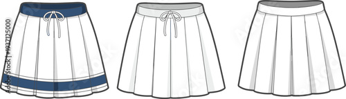 Three pleated skirts with different colors and styles shown side by side with white background blue