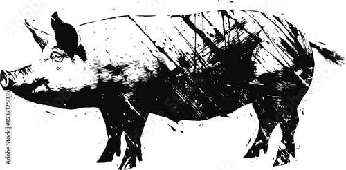 Black silhouette of pig with rough sketch texture isolated on white background