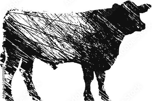 Grunge black silhouette of a cow with textured scratch pattern on a white background
