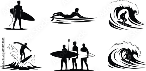 Surfing silhouettes, wave riders, surfboard paddling, ocean sport action, beach lifestyle, extreme surf tricks, coastal adventure, surfing culture, water recreation, sea fun