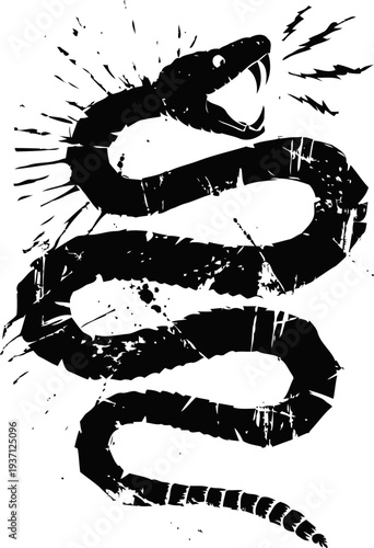 Aggressive coiled snake silhouette with open mouth and striking pose in grunge