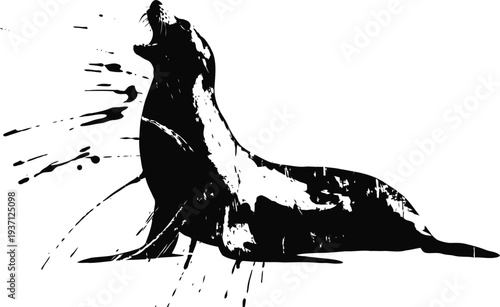 howling sea lion silhouette with ink splash effect on white background