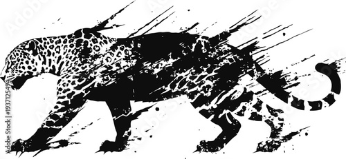 Leopard silhouette with dynamic ink splatter effect abstract wild animal design in black and white