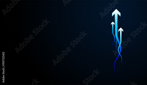 Glowing arrows surge upward design and Sleek Grow arrows rise against a dark digital grid, symbolizing technology innovation driving Finance and Business expansion