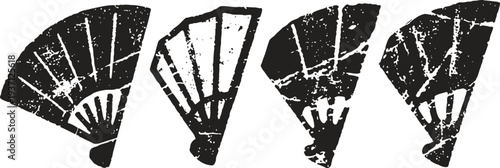 vintage japanese hand fans illustration in black ink, traditional cultural artwork set