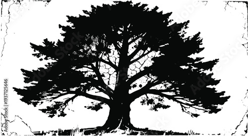 Silhouette of large spreading tree with dense foliage on white background