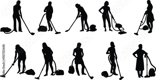 Vacuuming silhouette icons, cleaning activity vector illustration, household chore design elements, home maintenance graphics, black creative stock collection for use