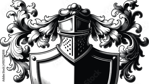 Vintage Medieval Knight Helmet with Shield and Ornate Flourish Heraldic Crest Vector Illustration in Engraving Style for Royal Luxury Branding and Historical Design Projects