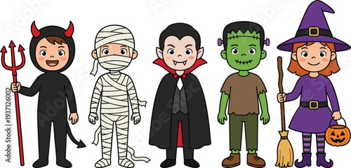 Kids Halloween costume characters set with devil mummy vampire Frankenstein and witch cartoon illustration for holiday party