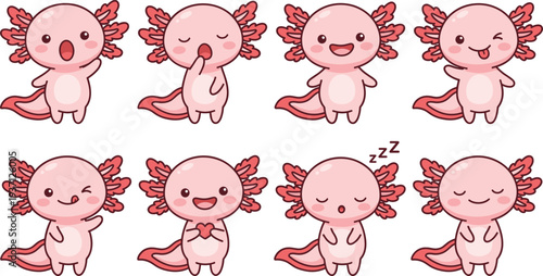 Cute axolotl cartoon character set with different emotions kawaii salamander mascot illustration collection