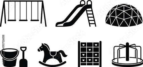 Playground equipment icons set featuring swing set, slide, climbing dome, sandbox tools, rocking horse and merry go round silhouettes