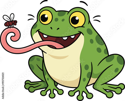 Cute cartoon frog catching fly with long tongue funny amphibian character illustration isolated on white background