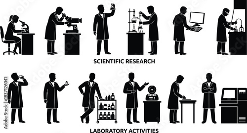 Scientific research and laboratory activities icons showing scientists using microscopes, chemical experiments, analysis equipment and laboratory work silhouettes