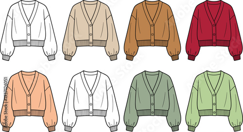 Women's cropped cardigan sweater set in different colors fashion flat illustration with button front and long sleeves design