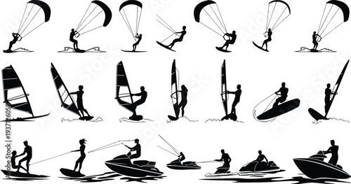 Water sports silhouettes, kite surfing, windsurfing, jet skiing, wakeboarding, boating action, ocean adventure, extreme recreation, coastal lifestyle, sea fun, sport